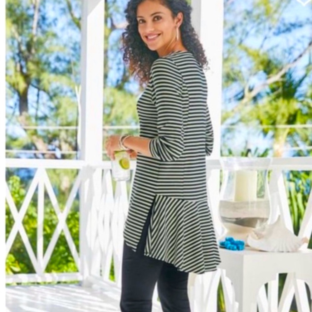 Soft Surroundings Calista Black Stripe French Terry Jacket Top Sz M Ruffle Zip